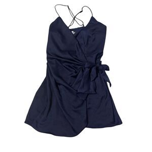 Hello Molly Navy Blue Satin Wrap Mini Dress